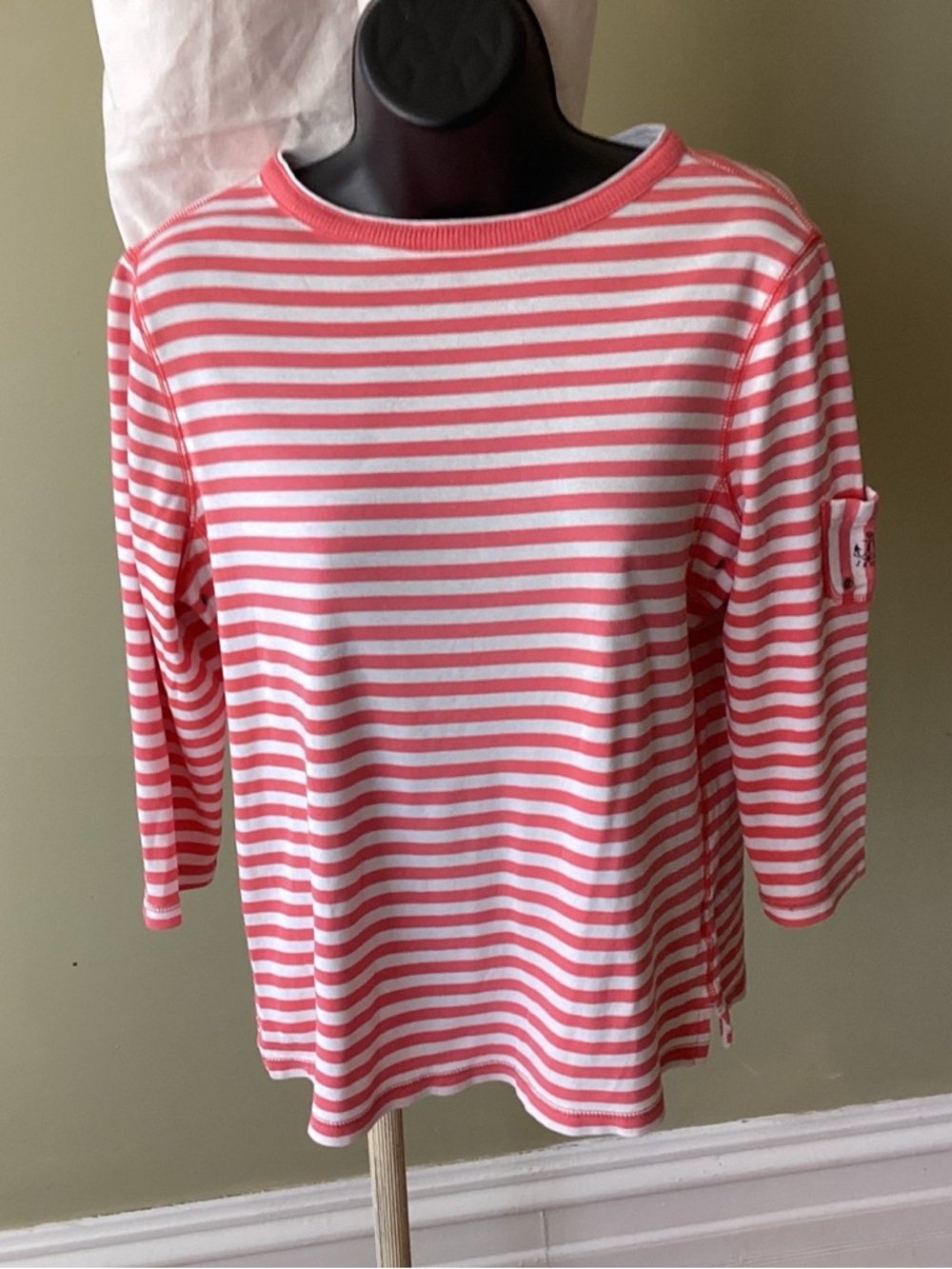 Izod red White Striped Boatneck Long Sleeve Top 100% cotton M nautical